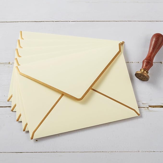 50 Pack A6 Envelopes Cream Color 4x6 Self-Adhesive V Flap Envelopes with Gold Border for Office, Greeting Card, Wedding, Graduation, Baby Shower, Parties, Invitations (Cream Color, 4.75x6.5)