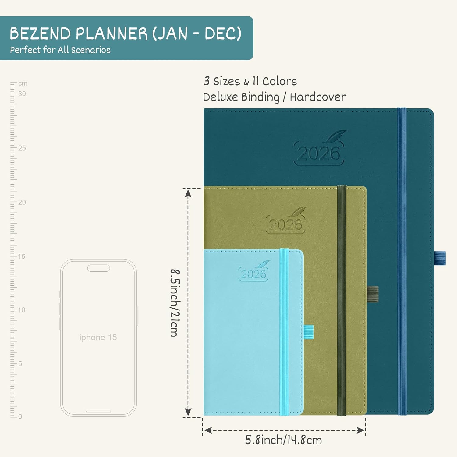 BEZEND 2026 Planner Weekly and Monthly (6" x 8.5") Daily Calendar with Half-Hourly Timeslots & Tabs (Jan-Dec) Note & Expenses, Pen Holder, Inner Pocket, Vegan Leather Hardcover - Red
