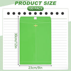 Geyee 100 Pcs Clasp Manilla Envelopes 9 x 12 Inch Gummed Colored Envelopes for Storing or Mailing for Home Office Business Supplies(Green)