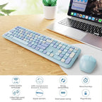 Wireless Keyboard and Mouse Combo, Colorful Ergonomic Full Size Retro Low-Noise Keyboard with Cute keycaps, Compatible with Windows, PC, Perfer for Home and Office Keyboards (Blue)