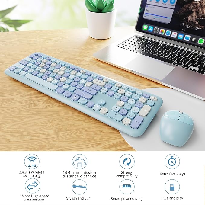 Wireless Keyboard and Mouse Combo, Colorful Ergonomic Full Size Retro Low-Noise Keyboard with Cute keycaps, Compatible with Windows, PC, Perfer for Home and Office Keyboards (Blue)