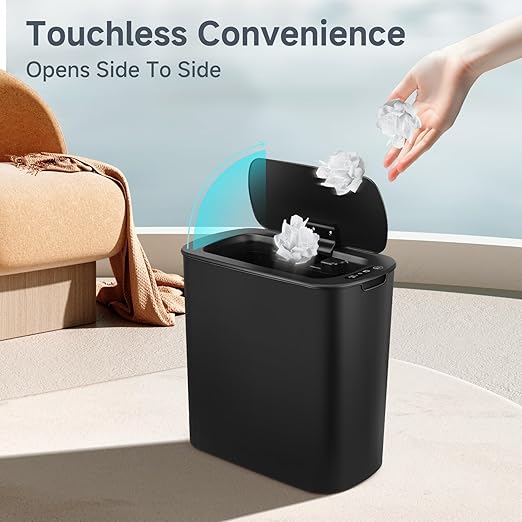 TIPGO Automatic Motion Sensor Bathroom Trash Can with Lid, 2.6 Gallon Touchless Trash Bin, Smart Garbage Can Plastic Slim Wastebasket for Bedroom, Office, Dorm (Black)