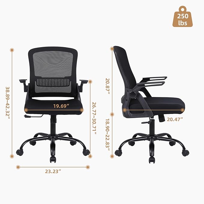 Office Chair, Ergonomic Desk Chair with Lumbar Support, Breathable Mesh Chair with Flip-up Armrests and Mid Back, Comfy Task Computer Height Adjustable Swivel Chair (2, Black)