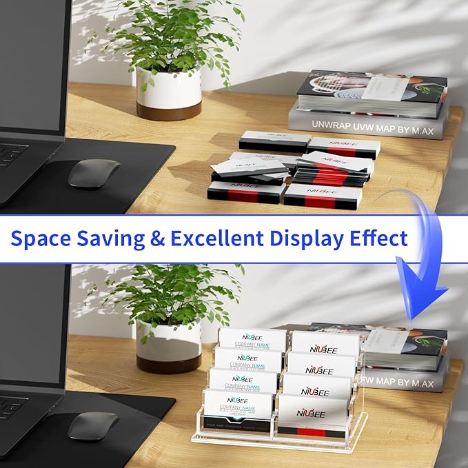 NIUBEE Clear Business Card Holder 4 Tier Acrylic Business Card Stand, 8 Slots Business Card Display for Desk Counter, 600 Card Capacity, 1 Pack