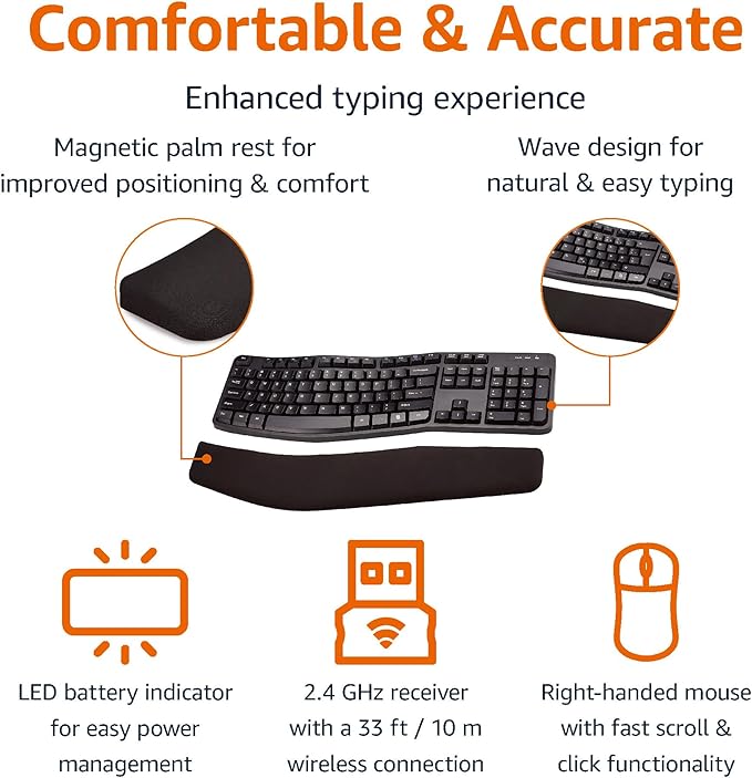 Amazon Basics Ergonomic Wireless Keyboard and Mouse Combo for Comfortable PC and Laptop Use, 2.4 GHz USB, Black