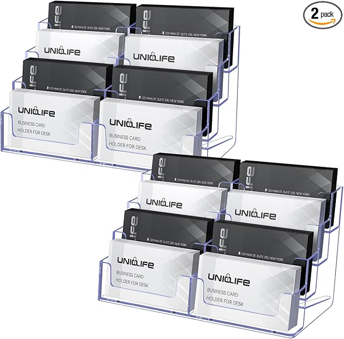 Uniclife 2 Pack Acrylic Business Card Holder for Desk 8 Slots Clear Business Card Display Stand for Men & Women Desktop Business Card Organizer Card Stand for Office Home Exhibition, 480 Card Capacity