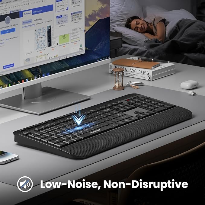 TECKNET Ergonomic Wireless Keyboard for Laptop, 2.4G USB Silent Computer Keyboard with Comfortable Palm Rest & Adjustable Feet Stand for Desktop, PC, Notebook, Surface and Windows, Full Size Layout