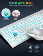 SABLUTE Wireless Keyboard and Mouse Combo Backlit - Compact Quiet Keyboard with RGB Mouse, Rechargeable, Slim, Sleep Mode, Portable Cordless Set for Mac, Windows, Laptop, PC (Silver White)