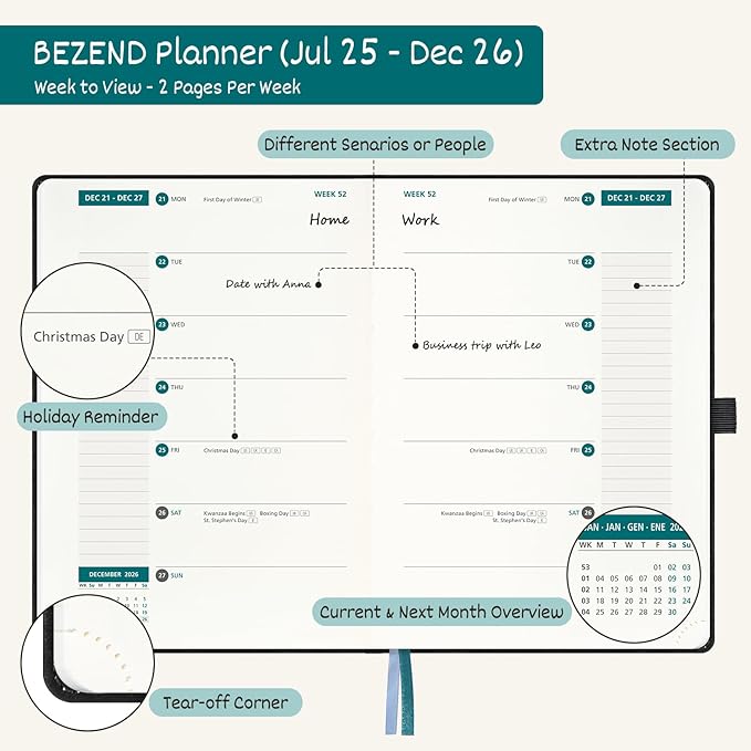 BEZEND Weekly Planner 2025-2026 with 2 Columns, 5.8" x 8.5" Academic Calendar 18 Months (Jul 25-Dec 26) Life Work Appointment Book with Monthly Tab, PU Leather Hardcover - Dutch Blue