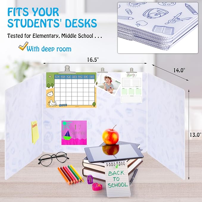 24 Pack Printing Privacy Floders for Student Desks - Durable Plastic Erasable - Testing Dividers for Classroom - Easy Clean Privacy Shields for Student - Includes Extra Labels White