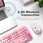 Wireless Keyboard and Mouse, Typewriter Full Size Keyboard with Number Pad and 2 in 1 USB Connected Mouse for Windows 7/8/10, Laptop, Desktop, PC, Computer (Pink Colorful)