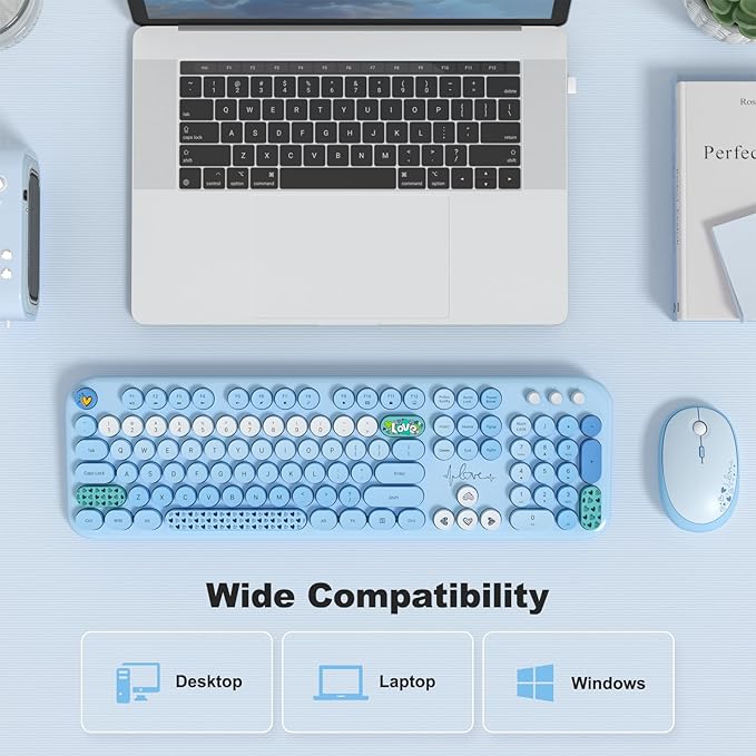 MOFII Wireless Keyboard and Mouse Combo, Cute Full Size Retro Typewriter Keyboard and Wireless Mouse, 2.4GHz Set for PC/Desktop/Laptop/Windows (Blue Colorful)