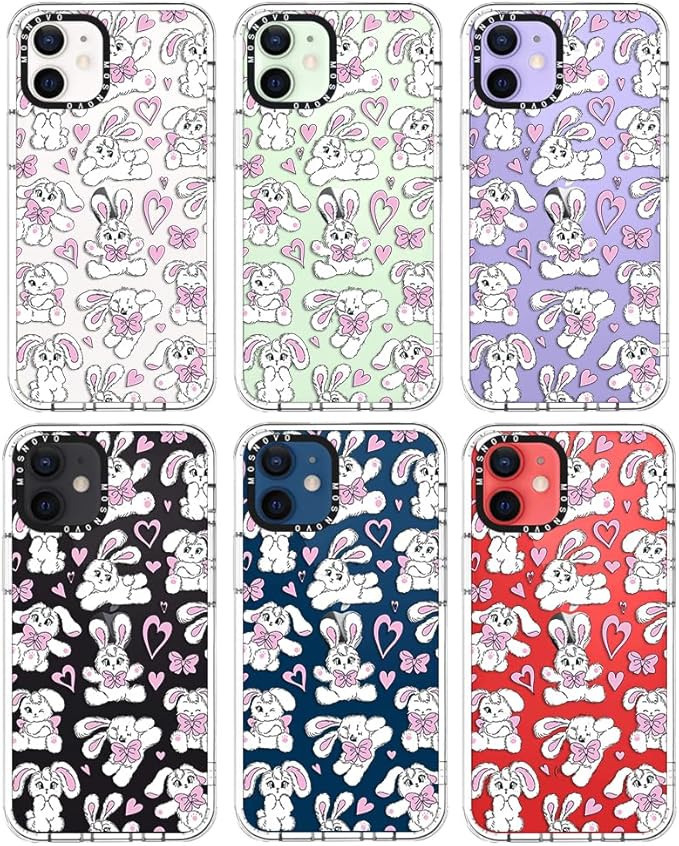 MOSNOVO Case for iPhone 12 Mini, [Buffertech 6.6ft Military-Grade Drop Protection] [Anti Peel Off Tech] Clear TPU Bumper Phone Case Cover Design - Bunnies