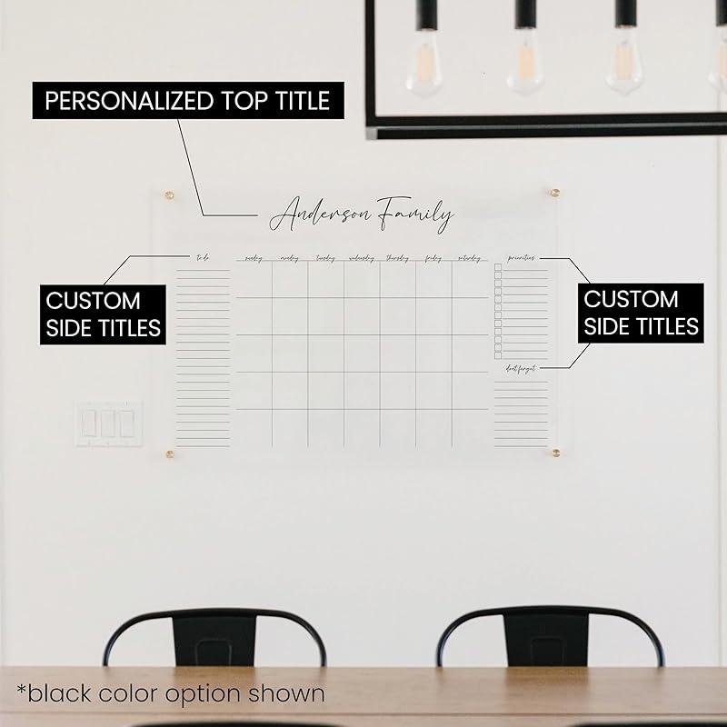 Personalized Clear Acrylic Calendar for Wall, Calendar Whiteboard for Wall, Dry Erase Wall Calendar, Wall Calendar Organizer System for Home (Cursive, White, 47.5"W x 36"H)