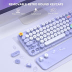 Wireless Keyboard, Round Keycaps, Retro Typewriter Keyboard with Detachable Wrist Rest, Sleep Mode, Foldable Legs, 2.4GHz Full-size Cordless Computer Keyboard for Windows/PC/Laptop (Colorful-Purple)