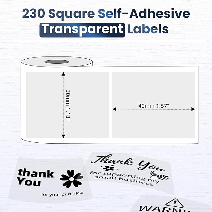 M100 Clear Thermal Label 1.57'' x 1.18'' (40 x 30 mm), Multi-Purpose Adhesive Transparent Thermal Labels Compatible with Label Maker M110/ M220/ M221/ M120/ M260/M150/M250, 230 Labels/Roll