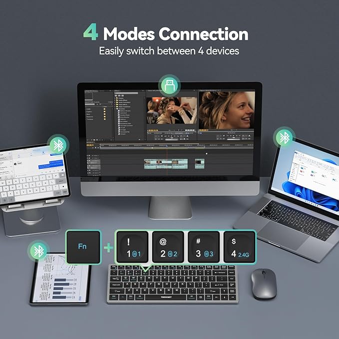 TECKNET Bluetooth Keyboard Rechargeable, 4-Device (2.4G+3BT) Wireless Keyboard, Ultra-Slim Quiet Typing, 14 Hotkeys Computer Keyboard for PC/Laptop/Smart TV/Tablet