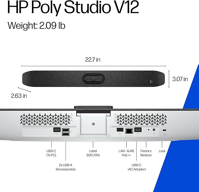 Poly Studio V12 – USB Video Bar for Small Rooms - 4K 20MP Camera, AI-Enhanced Audio, Noise Cancellation, Poly Lens Management - Microsoft Teams, Zoom & Google Meet Compatible - Thoughtfully Made