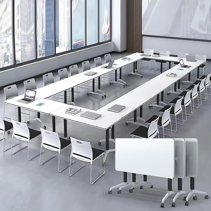 Conference Room Table with Flip-Top Design for Dynamic Meetings, Business Table Computer Desk with Heavy-Duty Frame,Foldable Seminar Meeting Tables for Home Office (4, E, 61IN)