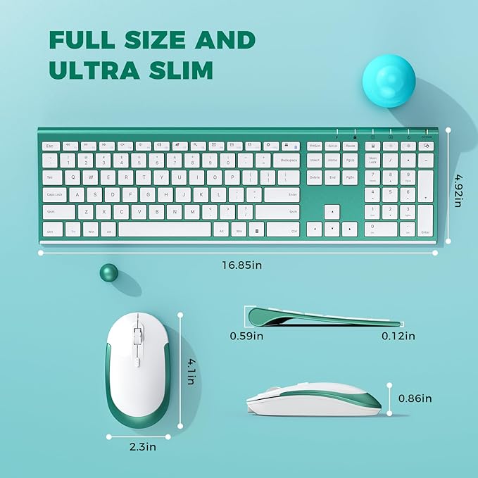 Wireless Keyboard and Mouse, Vssoplor 2.4GHz Rechargeable Compact Quiet Full-Size Keyboard and Mouse Combo with Nano USB Receiver for Windows, Laptop, PC, Notebook-Blackish Green
