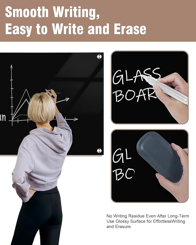 Magnetic Glass Whiteboard，48"x36" Wall Mounted Frameless Dry Erase Board for Office, Home & School Black