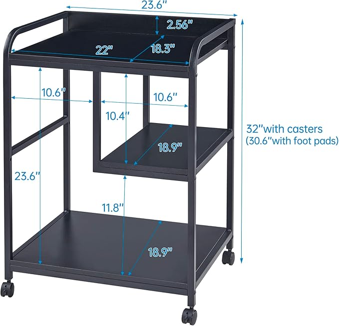 Printer Stand with Storage Shelf for Home Office Organization, 22 x 18 Inch Large Printer Table with Wheels, Shredder Stand, CPU Stand, Rolling Cart for Host Computer, PC Tower, Desktop- Black