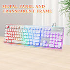 Typewriter Style Keyboard with Metal Panel, Rainbow LED Backlit, Round Keys, Anti-ghosting, Spill Resistant, Light Up USB Wired Retro 104 Keys for Office/Gaming, White/Silver