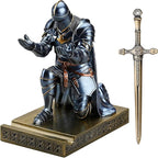 Medieval Armored Warrior Wearing Outerwear, Mobile Phone Stand Knight Pen Holder Desk Organizers, Resin Bookends Paperweight with a Letter Opener for Desk (Blue)