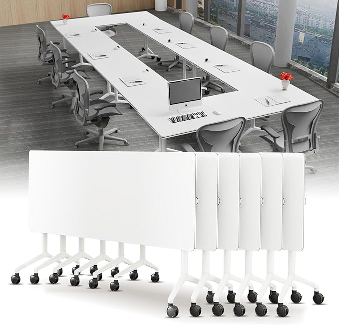 Conference Table, Folding Conference Desk Modern White, Seminar Table with Wheels, 2-10 People for Office, Meeting Break Room (6, 1915, 55IN)