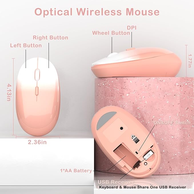 Colorful Wireless Keyboard and Mouse Combo, COVEVA 2.4GHz Wireless Retro Cute Round Keycaps Keyboard, 104 Keys Full-Sized Keyboard Mouse Set with Switch Button for PC Laptop Desktop (Rose Gradient)