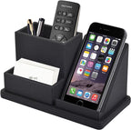 Pu Leather Desk Pen/Pencil Organizer Multi-Function Cell Phone/Remote Control Storage Box with 3 Compartments Office Supplies Sticky Note Tray Business Cards Holder,Black