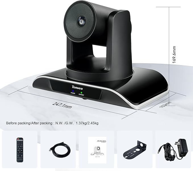 Tenveo PTZ Conference Camera 3X Optical Zoom FHD 1080P 60FPS, 114° Wide View Angel USB3.0/HDMI/RS485/RS232 PTZ Camera for Video Conferencing Church Services Online Education Zoom OBS Teams