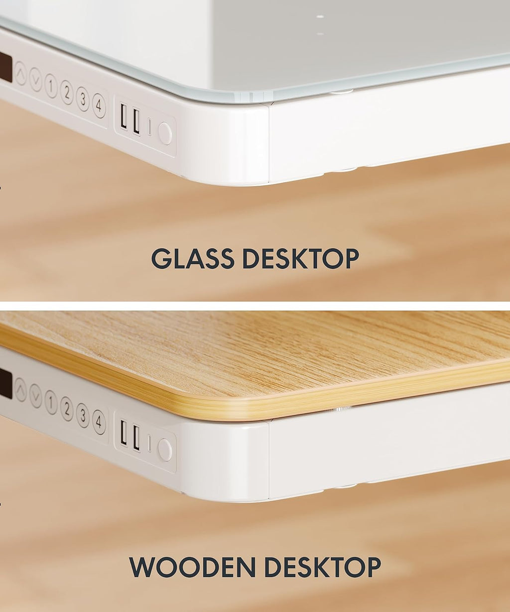 SANODESK Standing Desk with Drawer, Electric Height Adjustable Home Office Desk with Storage & USB Ports, 48 inch Tempered Glass Tabletop/White Frame