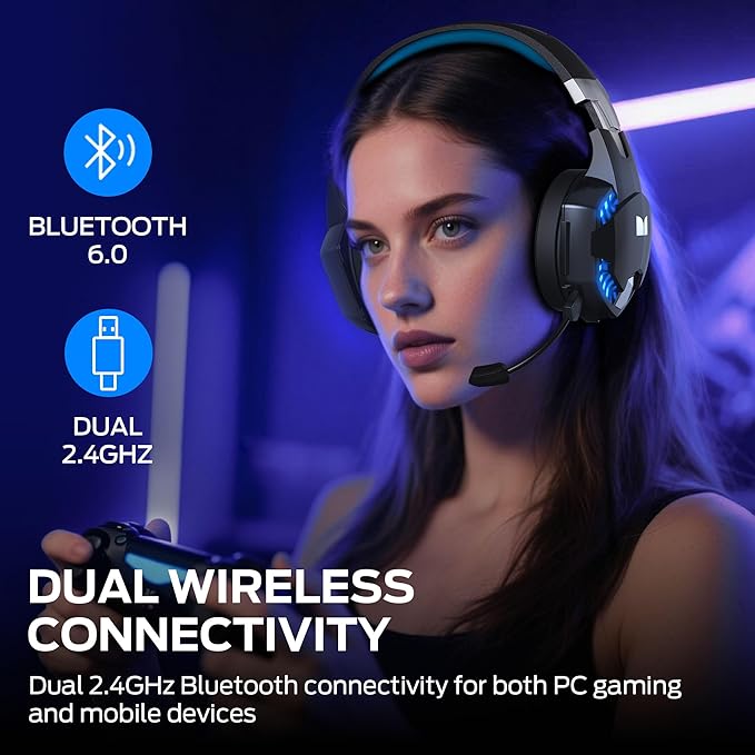 Monster Mission 300 Wireless Gaming Headset, 2.4GHz/Bluetooth Gaming Headphones, Low Latency, Stereo, Audio Location Recognition, 48H Battery Life, Suitable for PS5, PC, PS4 and Other Gaming Devices