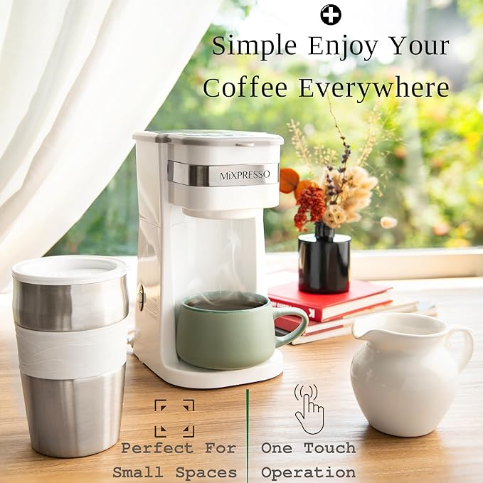 Mixpresso White Personal Single Serve Coffee Maker with 14oz Travel Mug, Drip Small Coffee Maker with Auto Shut Off, Reusable Filter, Works with Ground Coffee Only – Not for K-Cup Pods