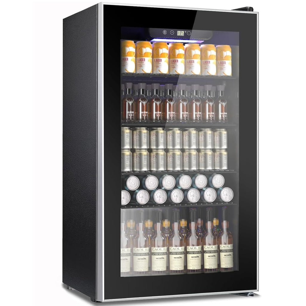 COWSAR Mini Fridge Cooler, 130 Can Beverage Refrigerator with Glass Door, ETL Approved Wine Fridge with Digital Temperature Control, LED Light, Reversible Door for Home, Office, Bar - 3.2 Cu.Ft