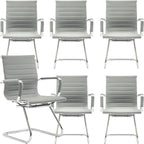 Office Desk Chair Set of 6,No Wheels PU Leather Computer Chairs Mid Back Guest Chairs with Seld Base for School/Reception/Conference/Waiting Room,Grey