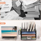 Desk Organizers and Accessories, 3-Tier Paper Organizer with 5 Vertical File Holders, File Organizer for Desk (Black With Drawer, 3T With Drawer)