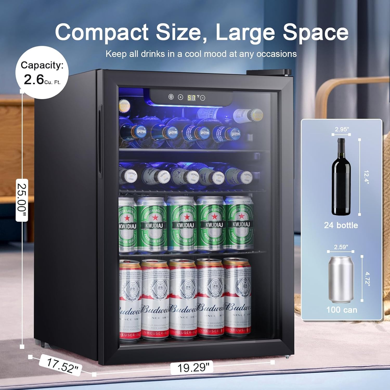 Antarctic Star Beverage Refrigerator Cooler-85 Can Mini Fridge Glass Door for Soda Beer Wine Stainless Steel Glass Door Small Drink Dispenser Digital Display for Home, Office Bar,2.6cu.ft