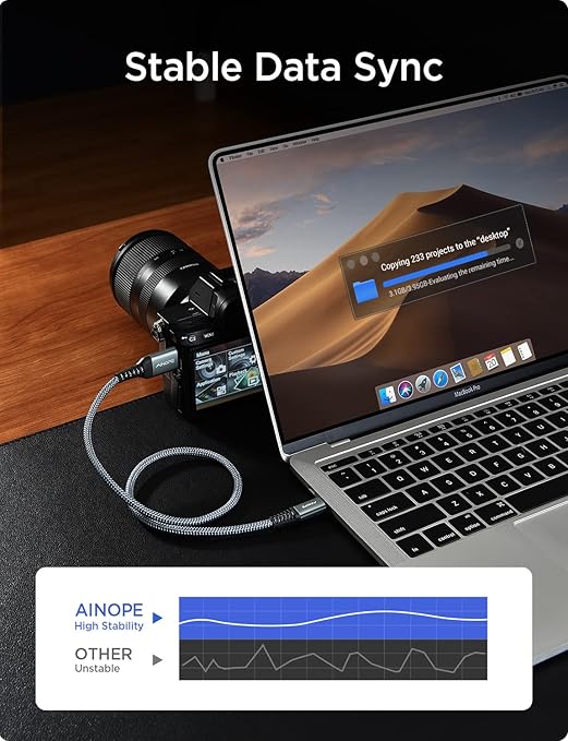 AINOPE External Hard Drive Cord 10Gbps Micro B to USB C External Hard Drive USB C to Micro B Cable Nylon Braided for MacBook Air/Pro, Seagate, WD Toshiba, SSD, iPhone, iPad, Camera, 1.6FT, Grey