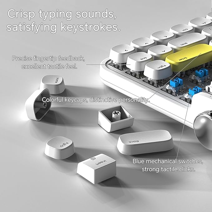 ACTTO B705 Retro Typewriter Keyboard Bluetooth,Vintage Mechanical Keyboard with Tablet Stand,LED Backlight 100 Keys Gaming Keyboard for Windows/macos/iOS/Android,Blue Switch (White)