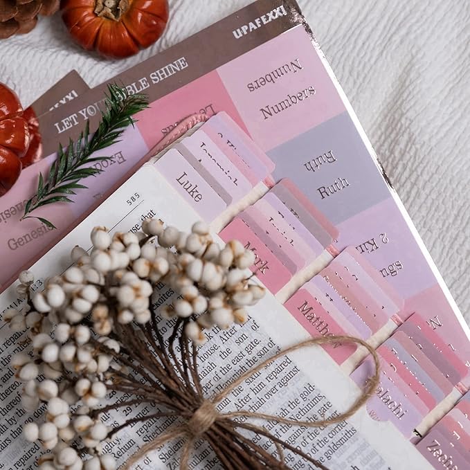 UPAFEXXI-Laminated Bible Tabs (Rose Gold Foil Embossed Lettering), Bible Tabs for Women and Men, Reposition Large Print Stickers, Easy to Read and Apply, 80 Chapters Labels for Easy Navigation(Pink)