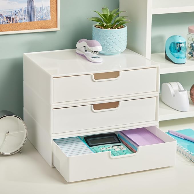 STORi STAX Plastic Stackable Organizer Drawer in Solid Cloud White | 12.5-inches Wide | Organize Office Desk Accessories and Sort Letter-Size Paper | Made in USA