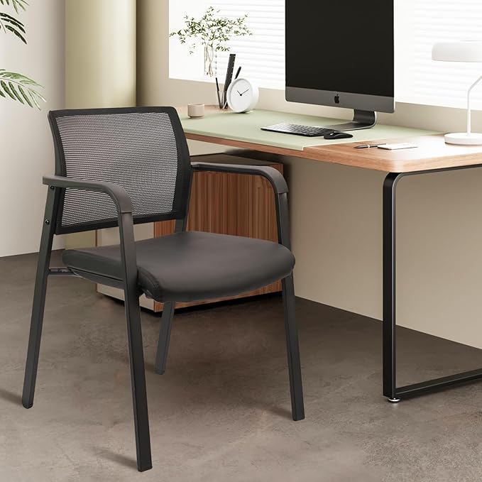 CLATINA Stackable Office Chair, Mesh Back Guest Chairs with Comfortable Leather Seat Arms Stacking Ergonomic Desk Chair No Wheels for Conference Waiting Reception School Side Stationary, Black