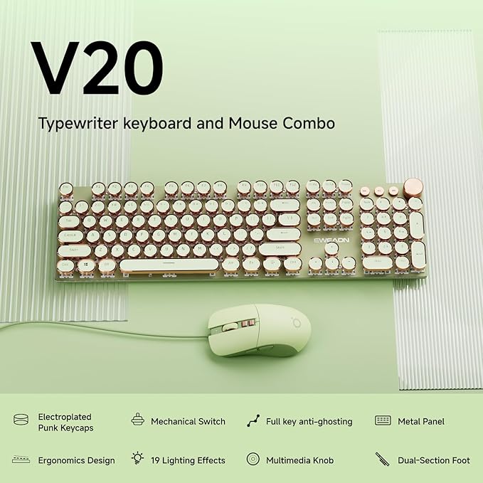 EWEADN Wired Typewriterkeyboard and Mouse Combo, Typewriter Style Mechanical Gaming Keyboard,104 Keys Backlit LED Keyboards, Media Control Knob, Wired Keyboard Pink Switch for Windows/Mac/PC-Green