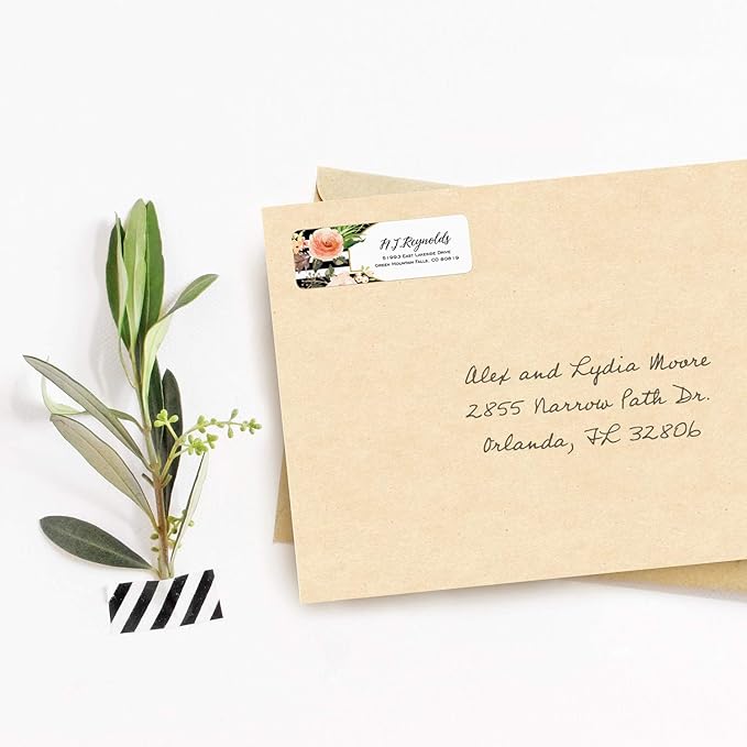 Black and White Stripe Floral Rolled Address Labels/Roll of 500 Personalized Return Address Labels/Designer Return Address Stickers in Elegant Plastic Dispenser