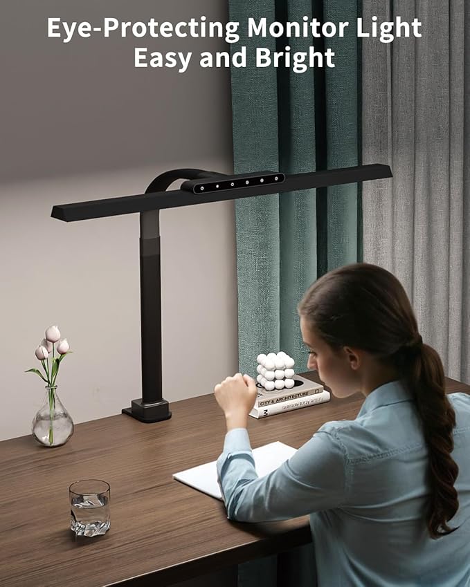 LED Desk Lamps for Home Office, 24W Bright Eye-Caring Light with Clamp, Stepless Dimming Adjustable Flexible Gooseneck Clip on Desk Office Lamp with Adapter for Reading, Study, Workbench,Black
