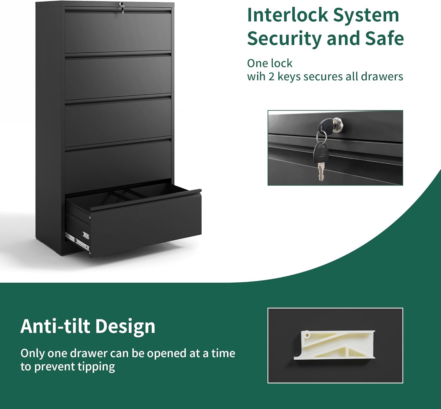 Lateral File Cabinet 5 Drawer, Metal File Cabinets for Home Office Legal/Letter A4 Size, Filing Cabinet with 5 Lock, Require Assembly, Black