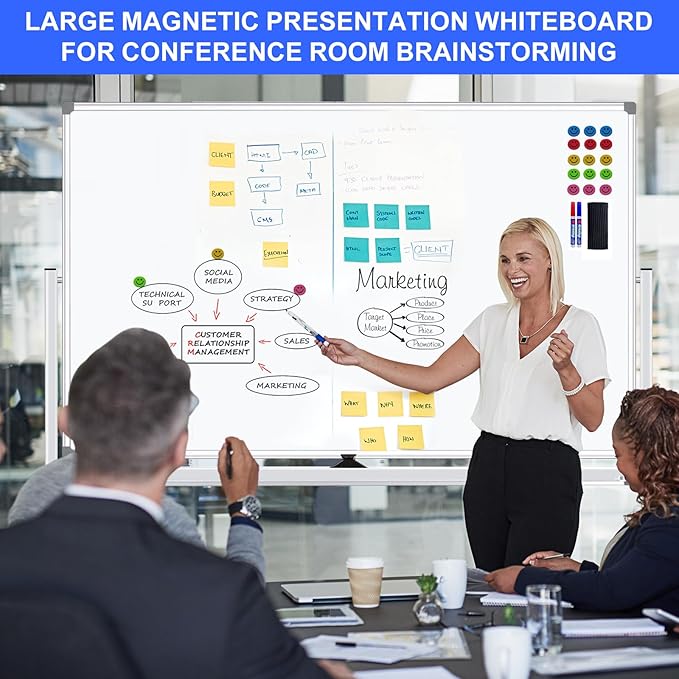 Mobile Magnet Large Whiteboard with Stand 72x40 Double-Sided Dry Erase Board with Stand - Magnetic Portable Standing Whiteboard - Rolling White Boards with Easy Flip Feature