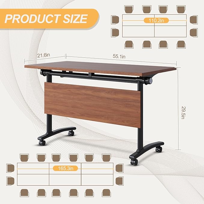 Conference Room Table with Silent Wheels, Mobile Folding Conference Table for 16 Person,Flip Top Office Training Tables with Walnuts Wood Tabletop, for School,Business Meeting Rooms (4 Pack 55in)